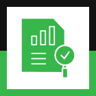 Graph icon with magnifying glass and checkmark.