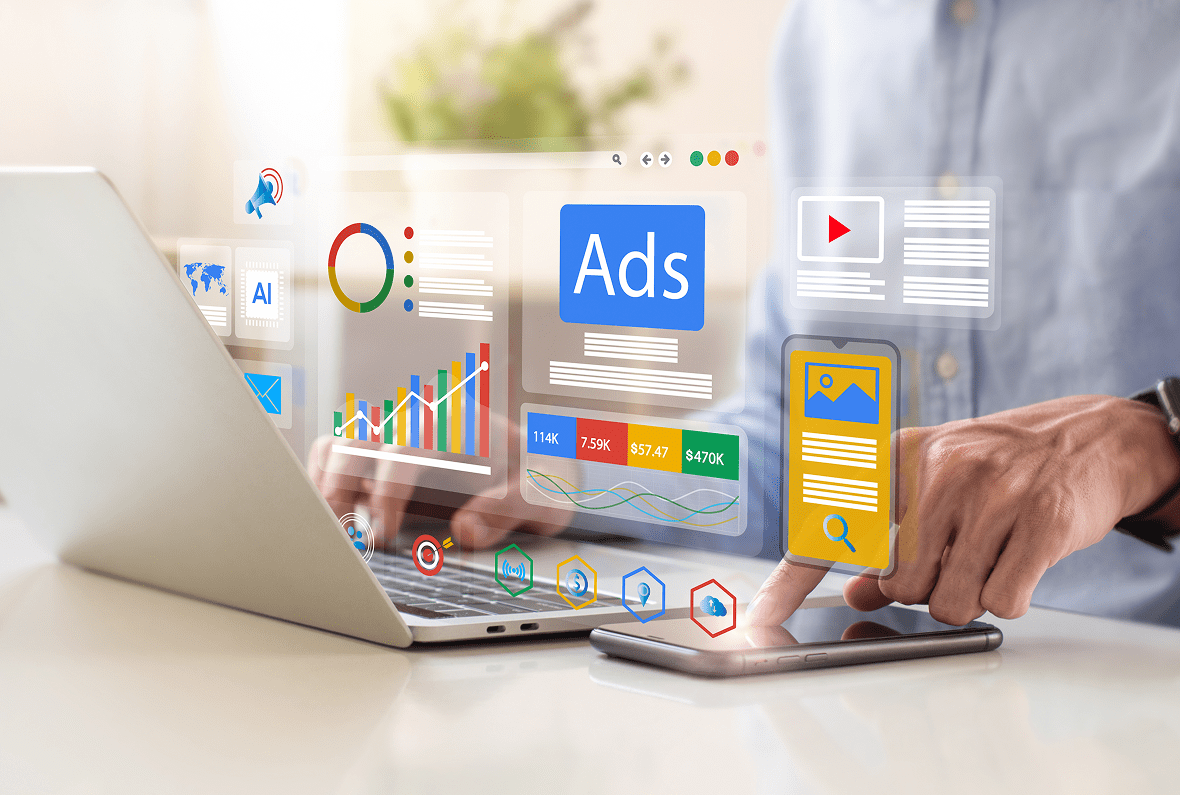 Person managing digital ads on laptop.